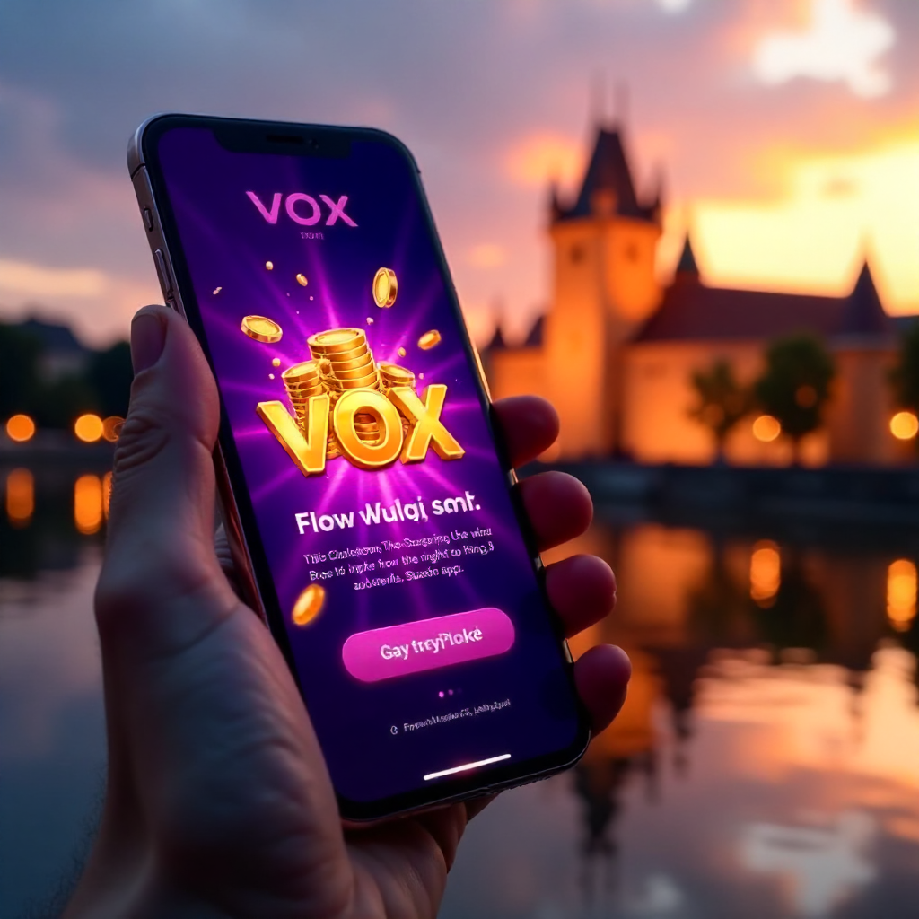 A hand holding a premium smartphone showing Vox Casino app, background featuring the Wawel Royal Castle in Krakow at golden hour, official brand neon purple and deep black colors, 3D golden coins and neon slot symbols flying out of the screen, hyper-reali